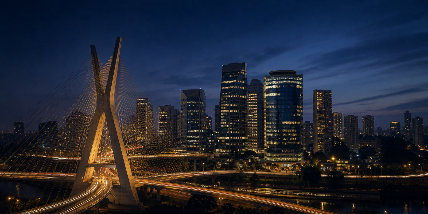 Ponte Estaiada and the Berrini financial district skyline in São Paulo at blue hour
